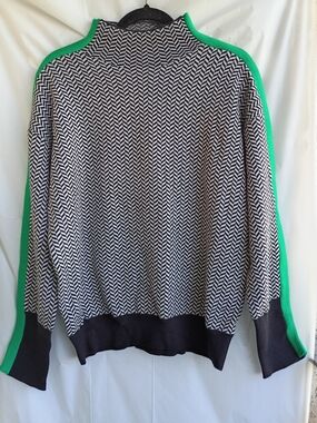 Collection by Cezele Black & White Turtleneck Sweater with Green Trim.